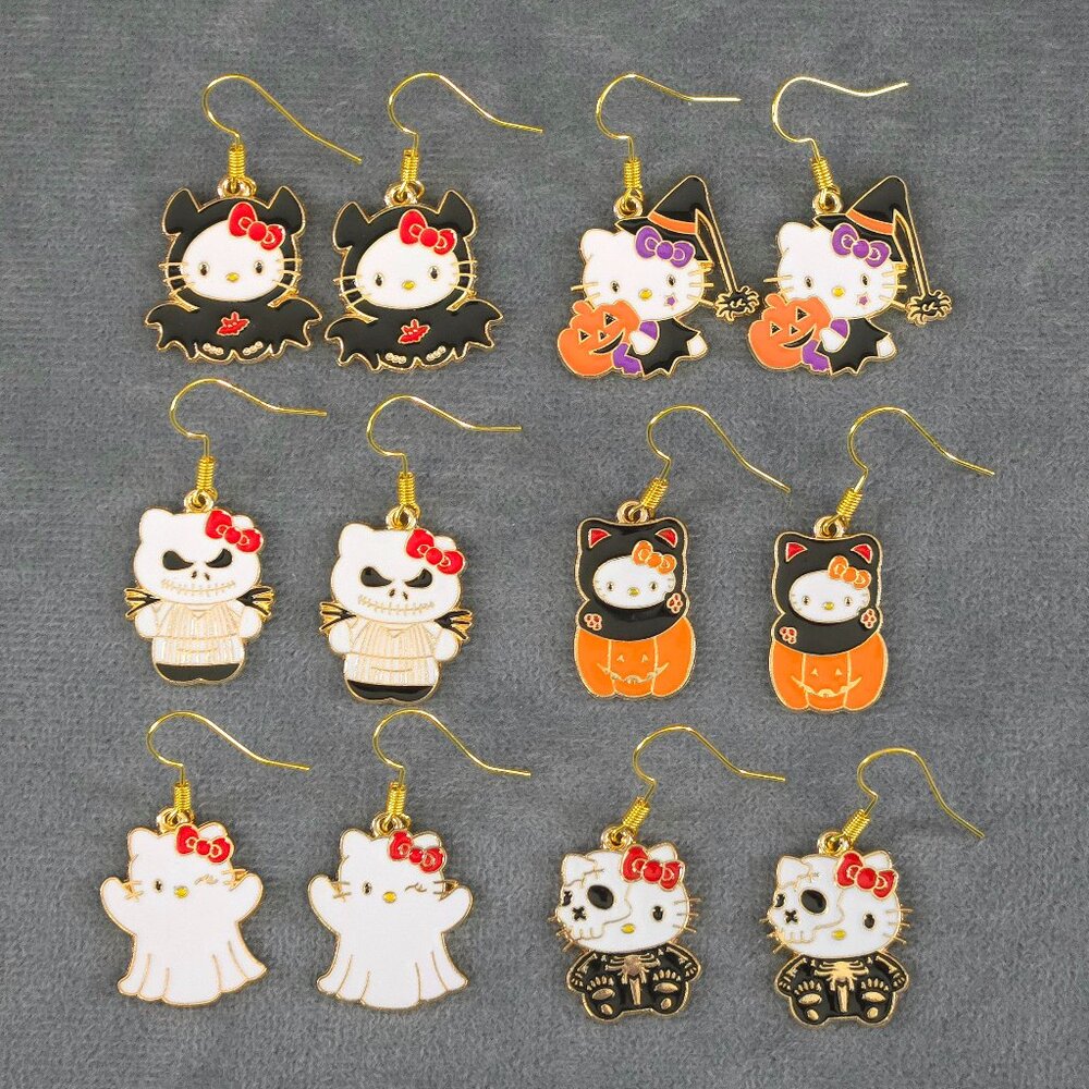 Hello Kitty Halloween Dangle Earrings Kawaii Spooky Ghost Witch Skeleton Pumpkin